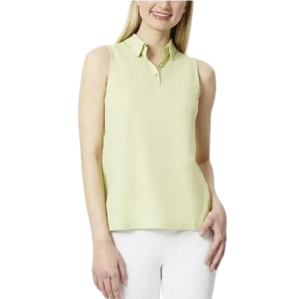 Jones New York Sleeveless Tank Top Collared Button Placket Yellow Green W M NWT